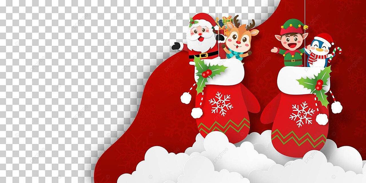 pngtree transparent christmas banner featuring santa claus and friend holding a christmas glove vector png image 39269440